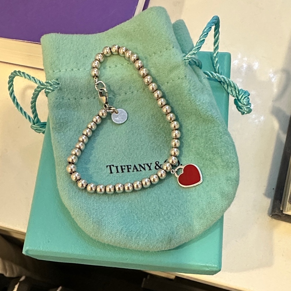 Tiffany & Co. Silver Bracelet with Red Heart Charm